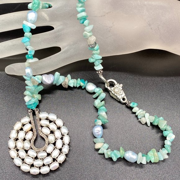 Necklace - Diamond Water Pearl Pendant Pearls Amazonite Stones